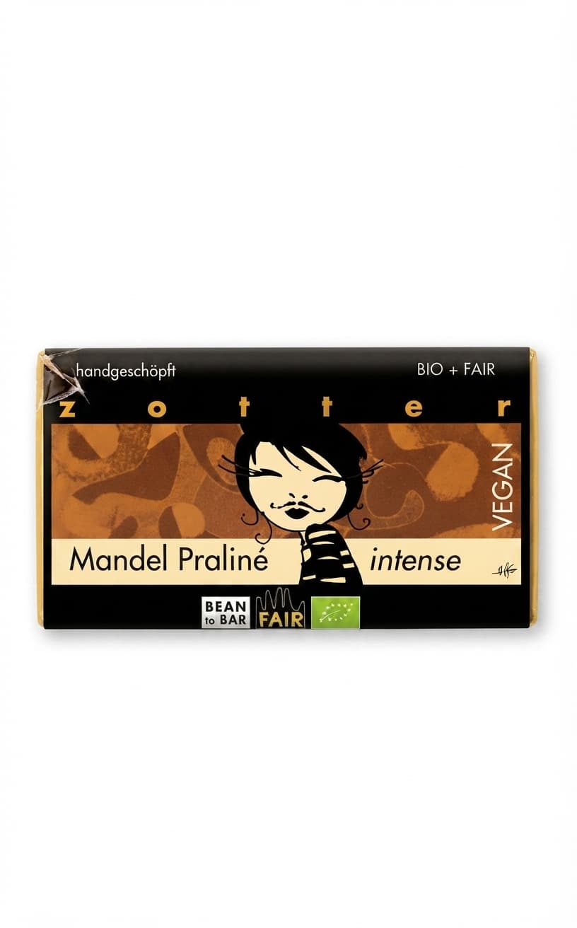 Mandel Praliné Intense 70% dark bar packaging by Zotter
