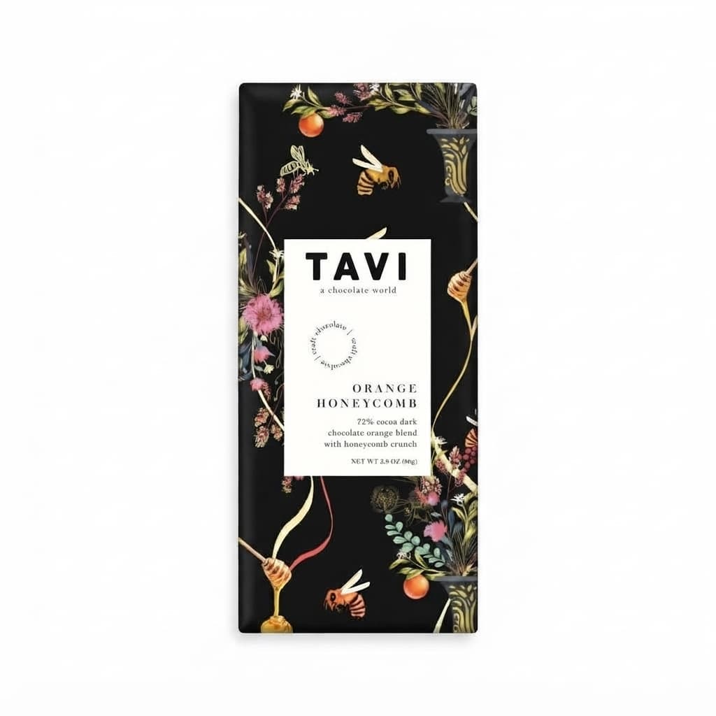 Orange Honeycomb 72% 72% dark bar packaging by TAVI