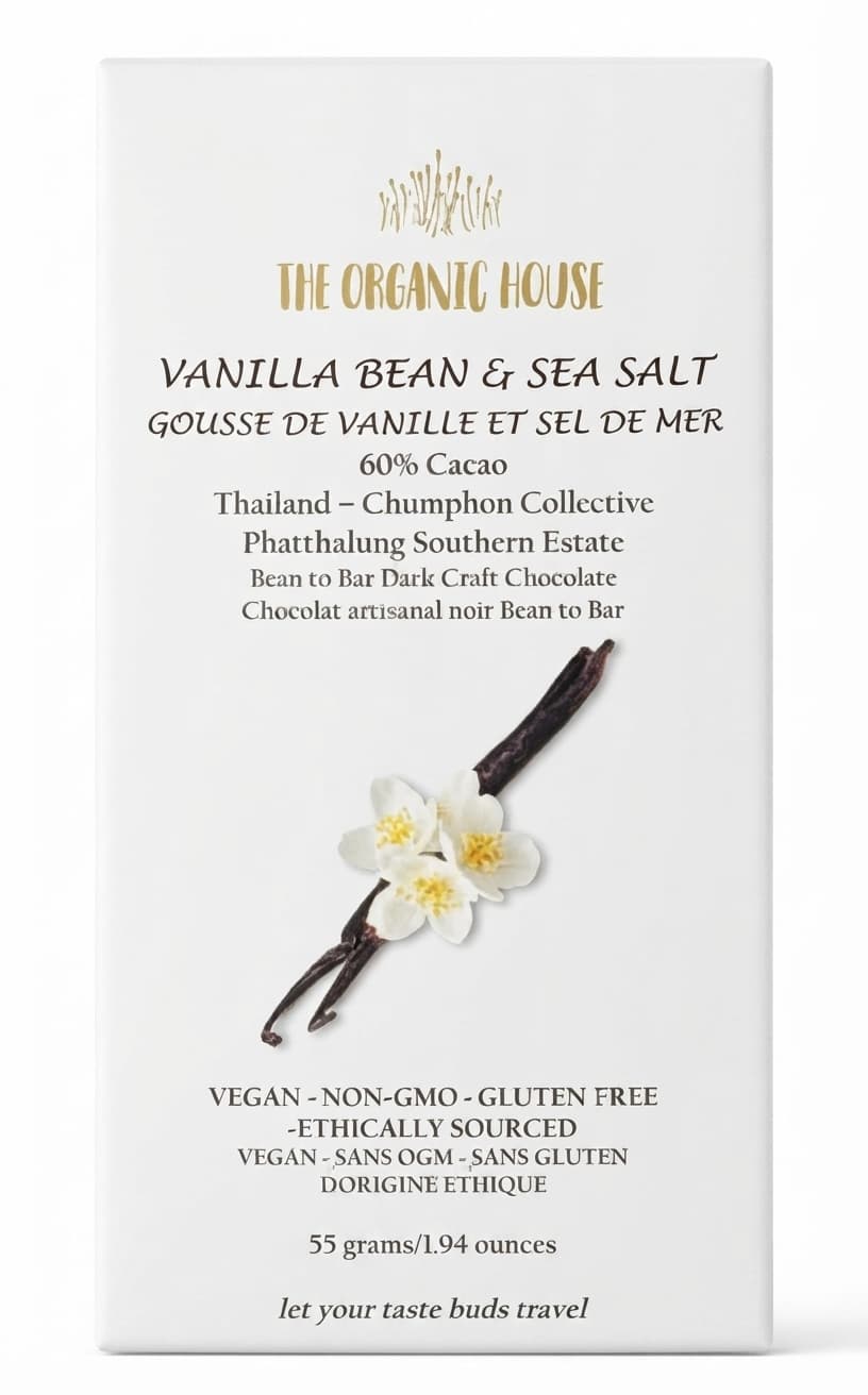 Vanilla Bean & Sea Salt 60% 60% dark bar packaging by The Organic House