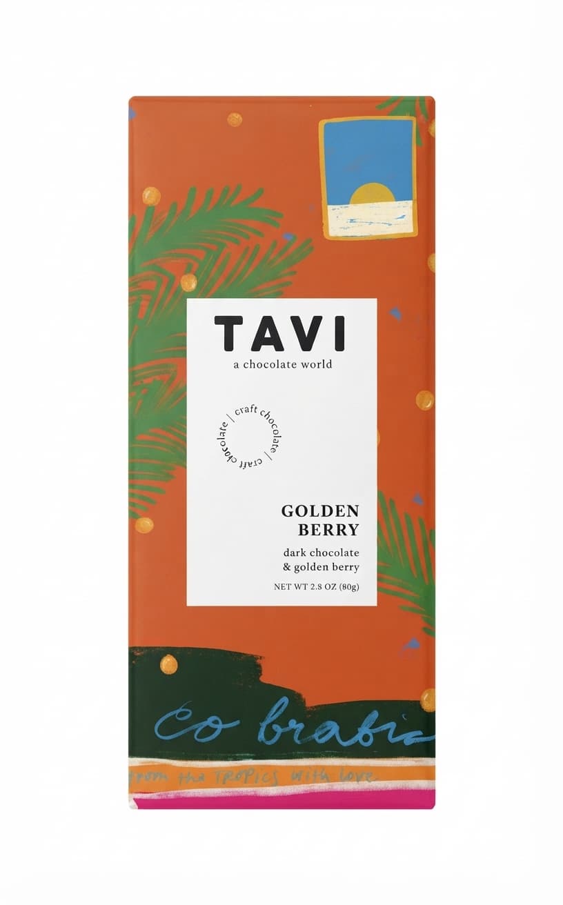 Golden Berry null% dark bar packaging by TAVI