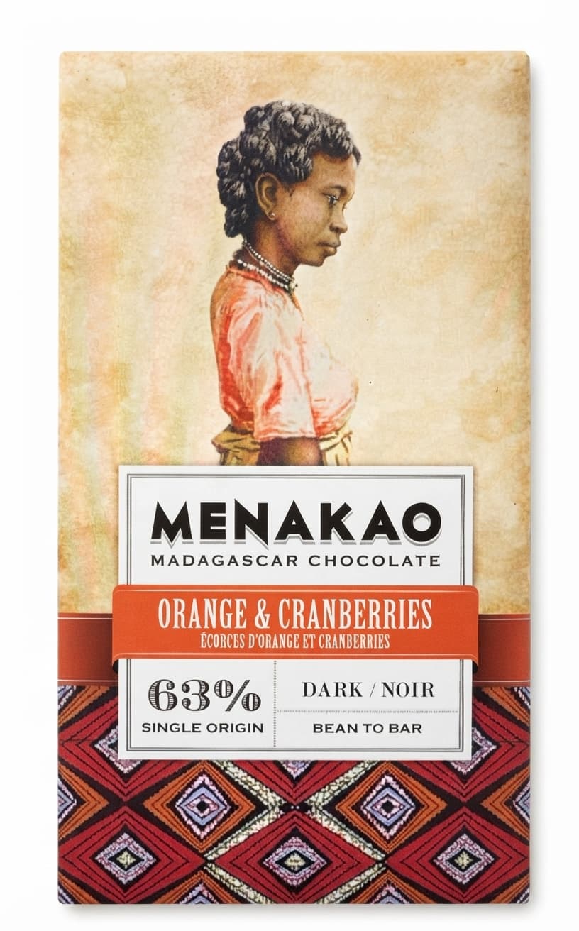 Orange & Cranberries 63% 63% dark bar packaging by Menakao