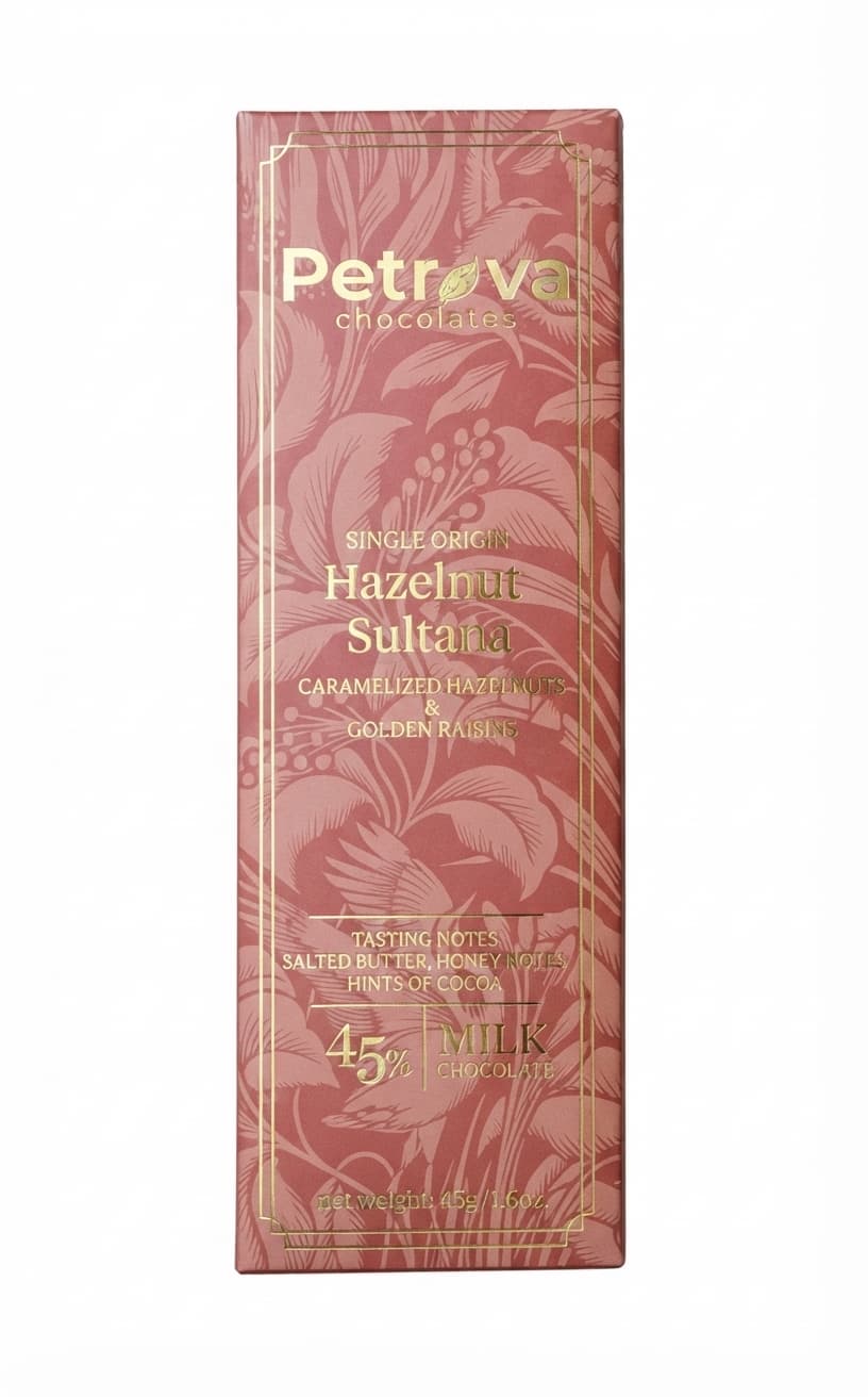 Hazelnut & Sultana 45% 45% milk bar packaging by Petrova Chocolates