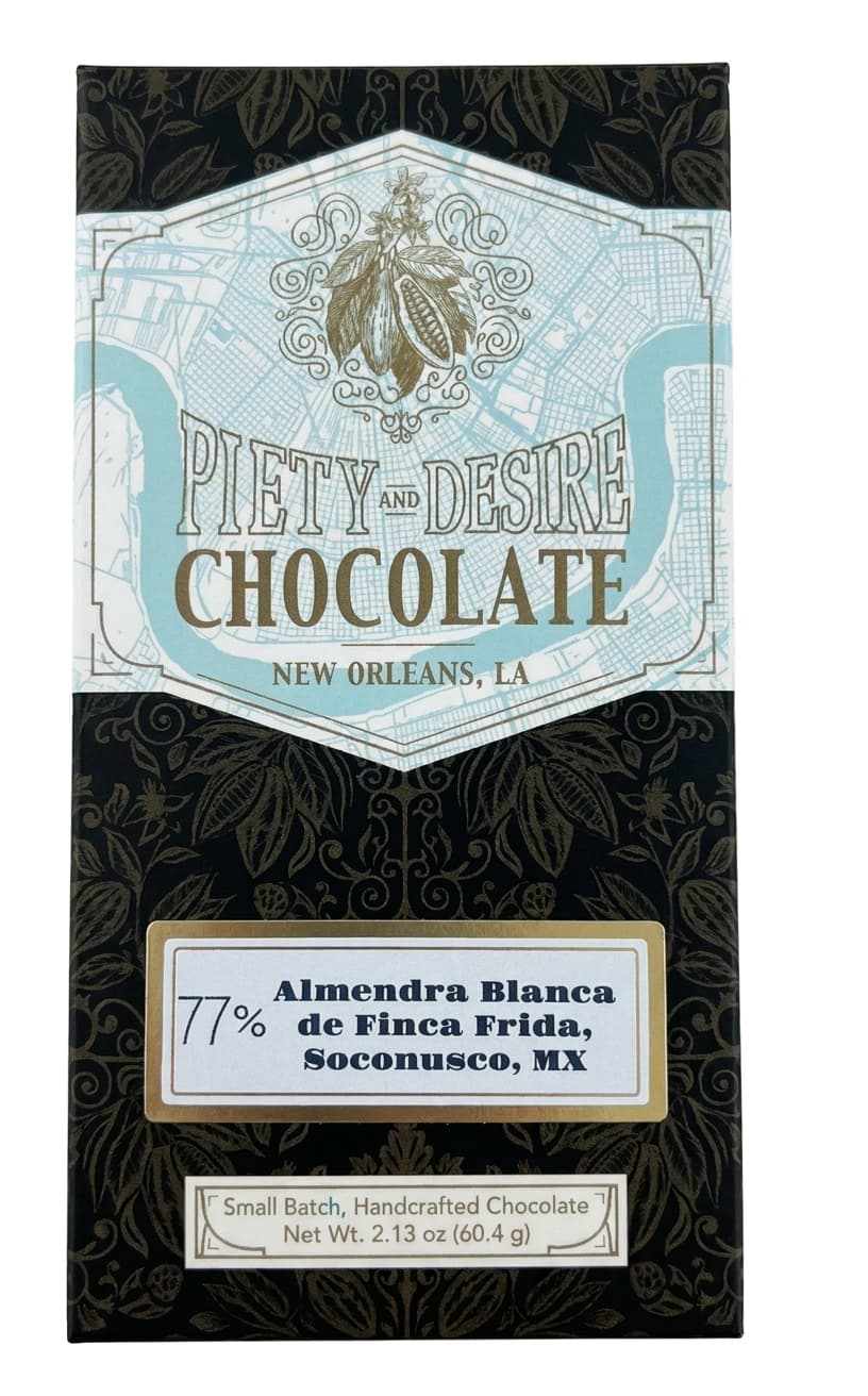 Almendra Blanca 77% 77% dark bar packaging by Piety and Desire Chocolate