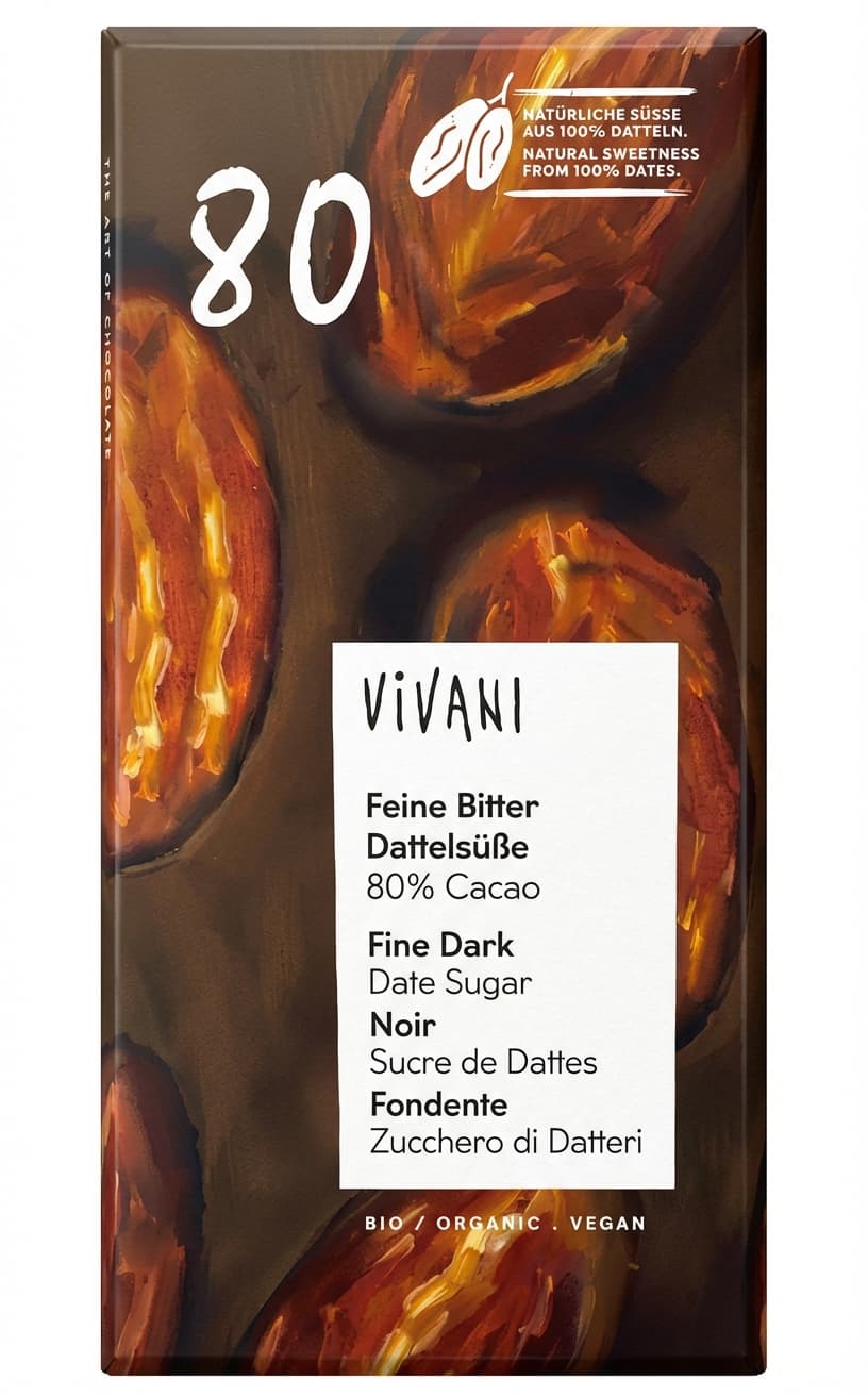 Fine Dark Date Sugar 80% Cacao 80% dark bar packaging by Vivani
