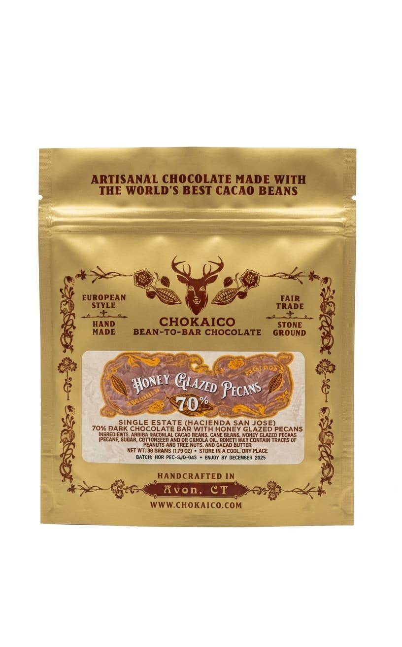 Honey Glazed Pecans 70% 70% dark bar packaging by Chokaico