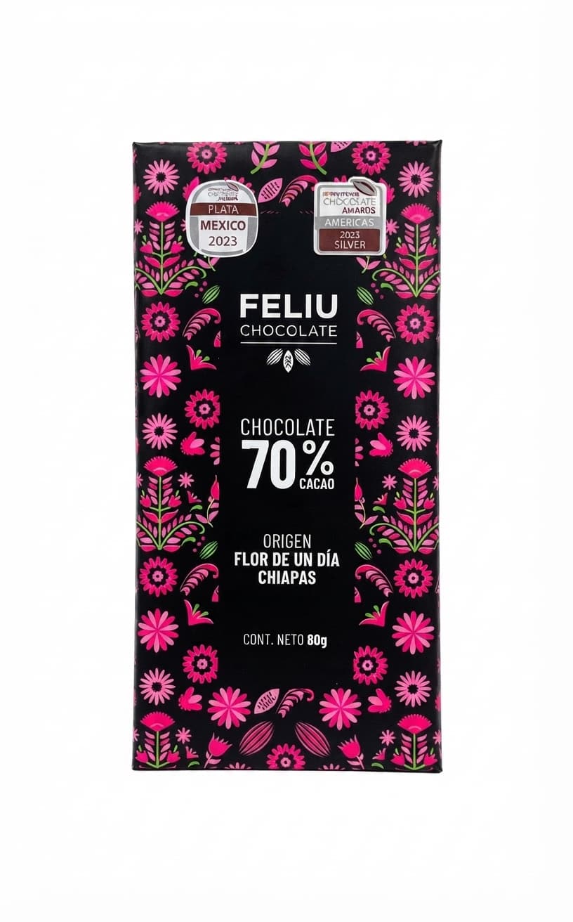 Flor de un Día 70% 70% dark bar packaging by Feliu Chocolate
