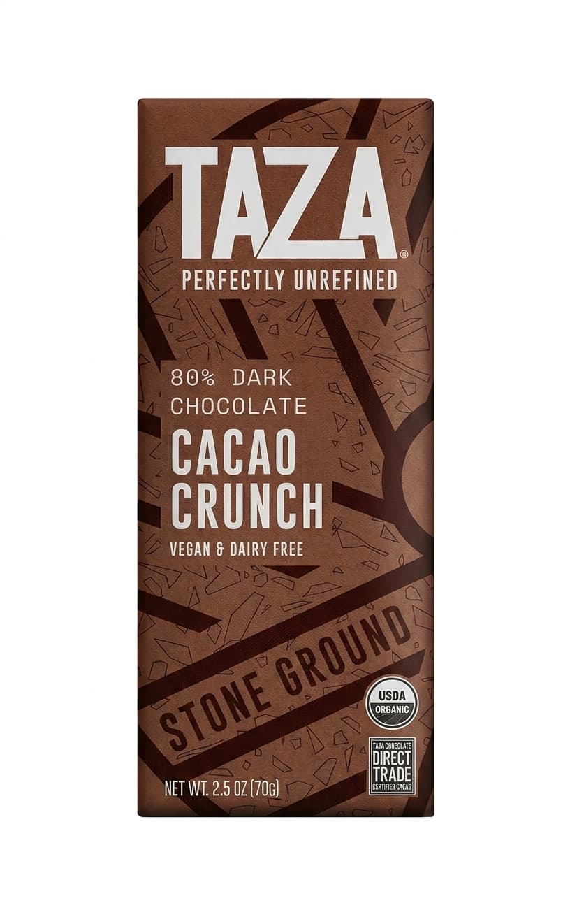 Cacao Crunch 80% 80% dark bar packaging by Taza