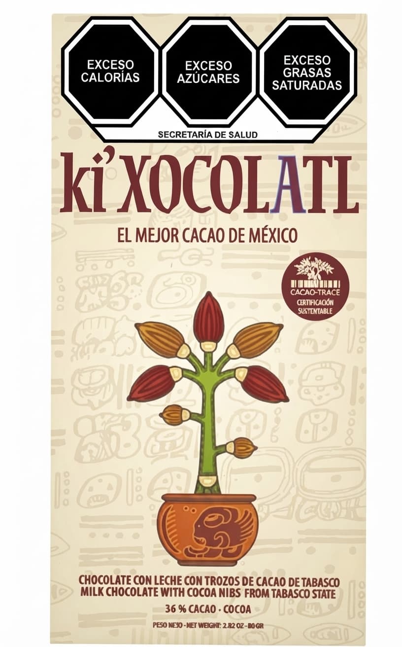 Milk Chocolate with Cocoa Nibs 36% milk bar packaging by Ki'Xocolatl