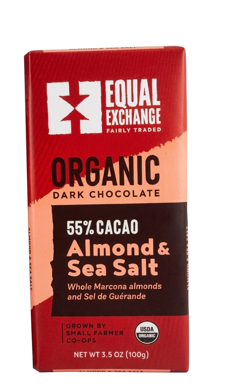Almond & Sea Salt 55% 55% dark bar packaging by Equal Exchange