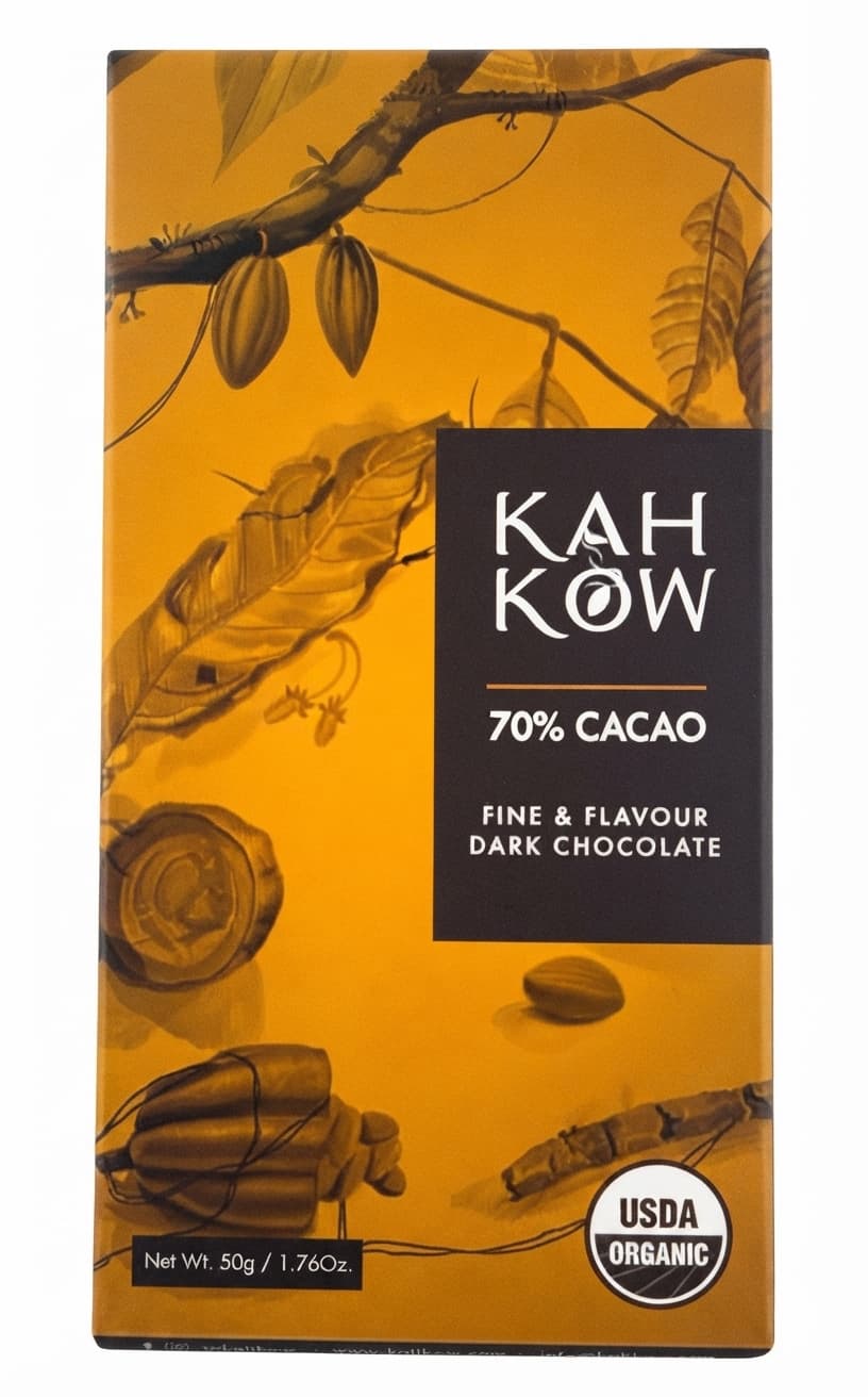 70% Cacao 70% dark bar packaging by Kah Kow