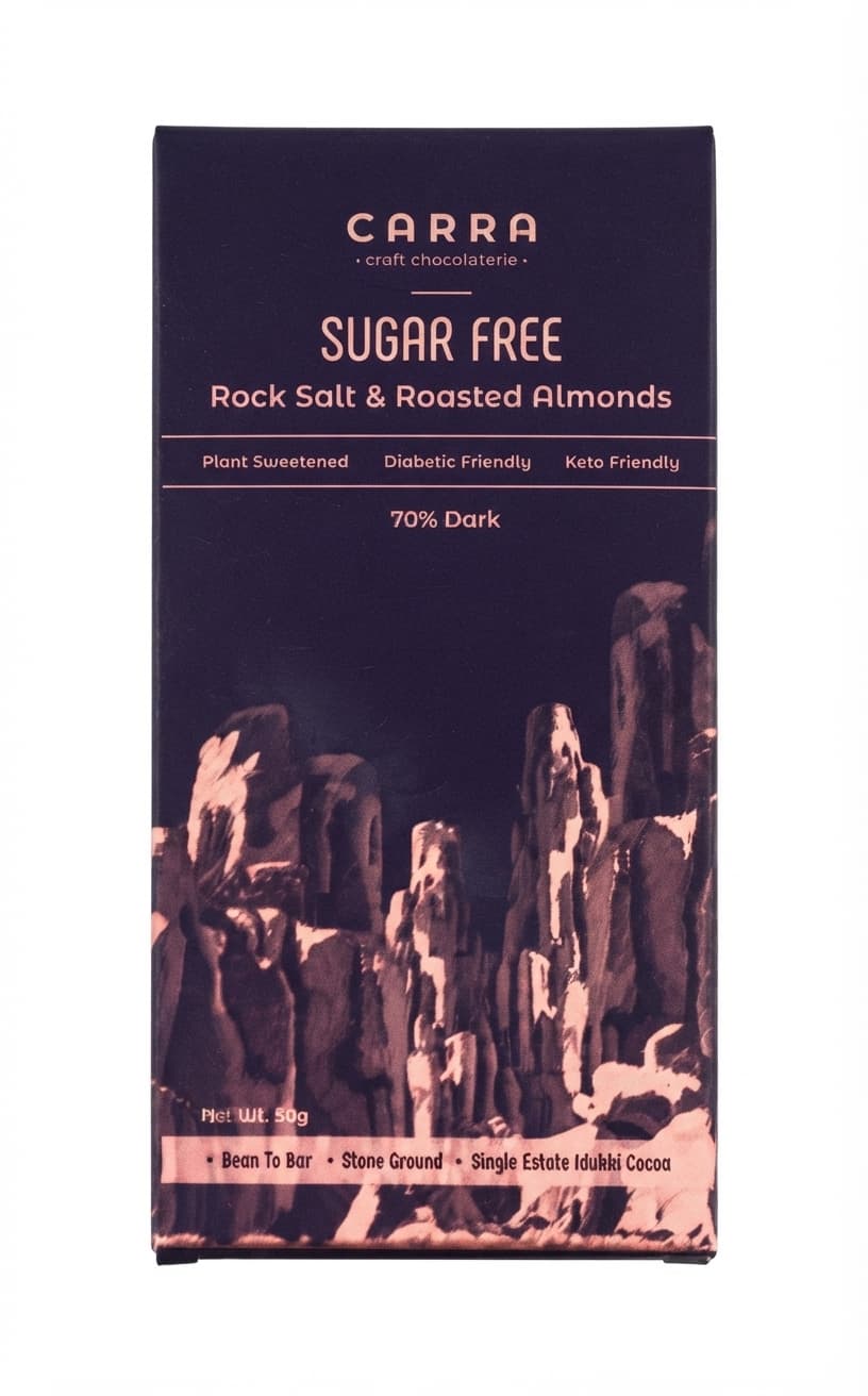 Rock Salt & Roasted Almonds 70% 70% dark bar packaging by Carra