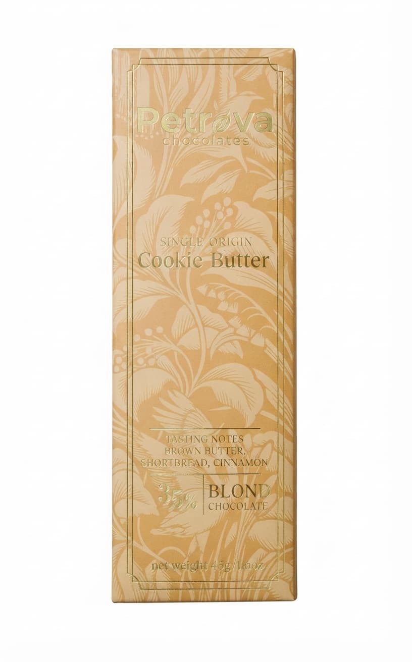 Cookie Butter 35% 35% white bar packaging by Petrova Chocolates