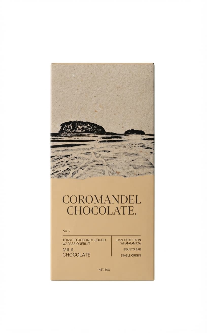 Toasted Coconut & Passionfruit Milk null% milk bar packaging by Coromandel Chocolate