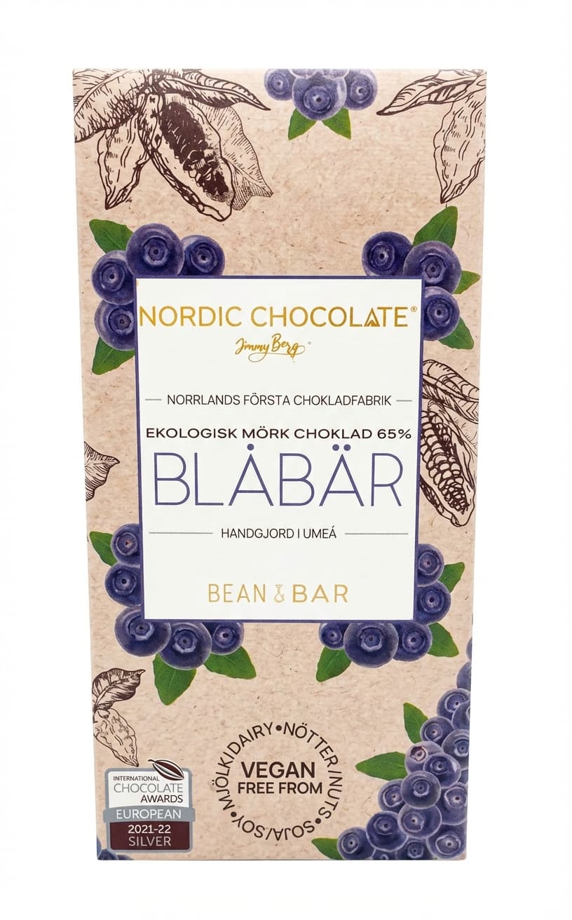 Blåbär 65% dark bar packaging by Nordic Chocolate