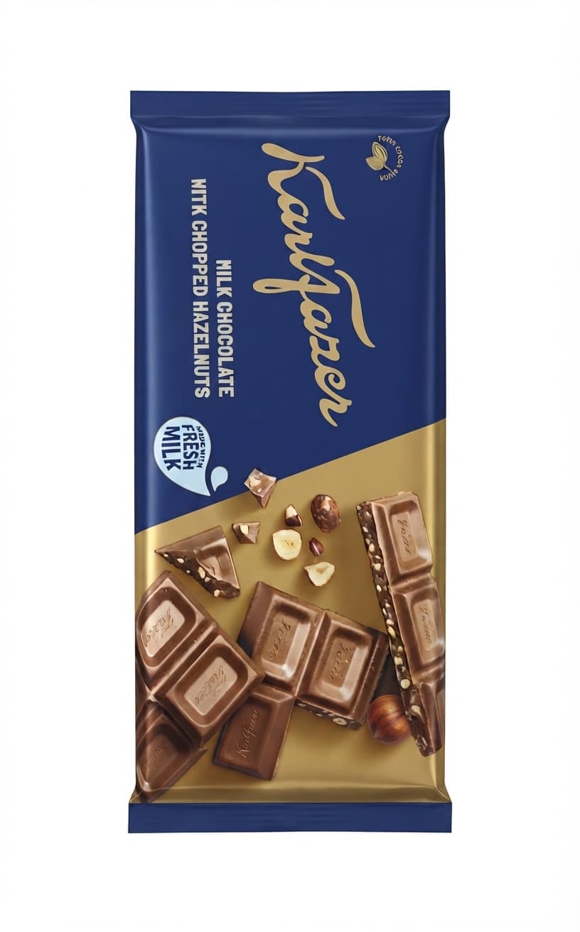 Milk Chocolate with Chopped Hazelnuts 30% milk bar packaging by Karl Fazer