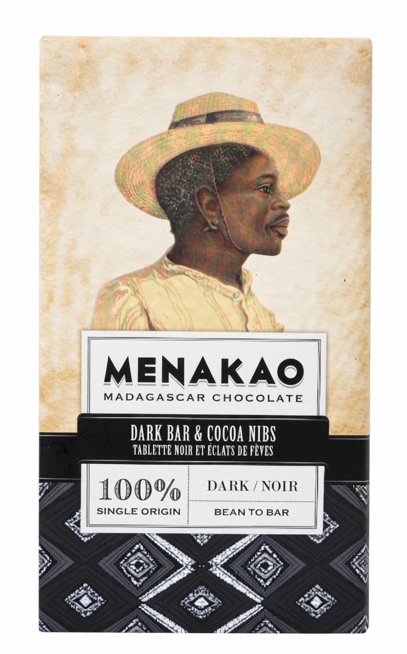 Dark & Cocoa Nibs 100% dark bar packaging by Menakao