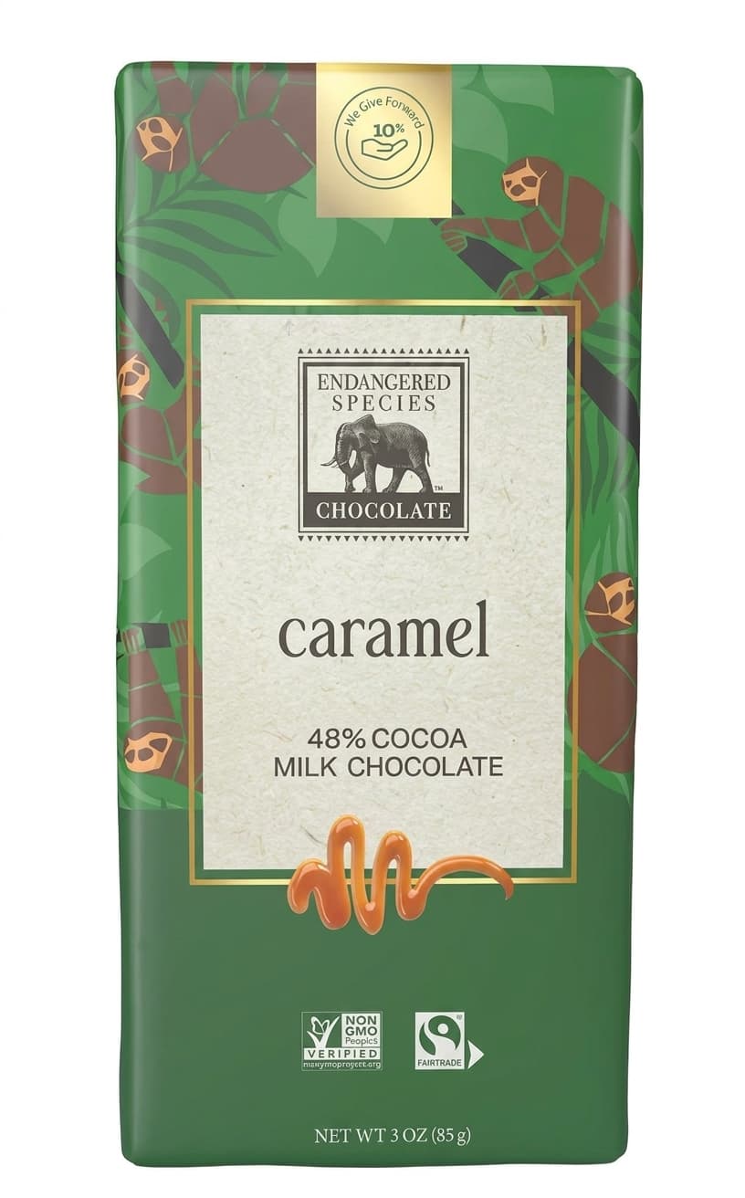 Caramel 48% Cocoa Milk Chocolate 48% milk bar packaging by Endangered Species Chocolate