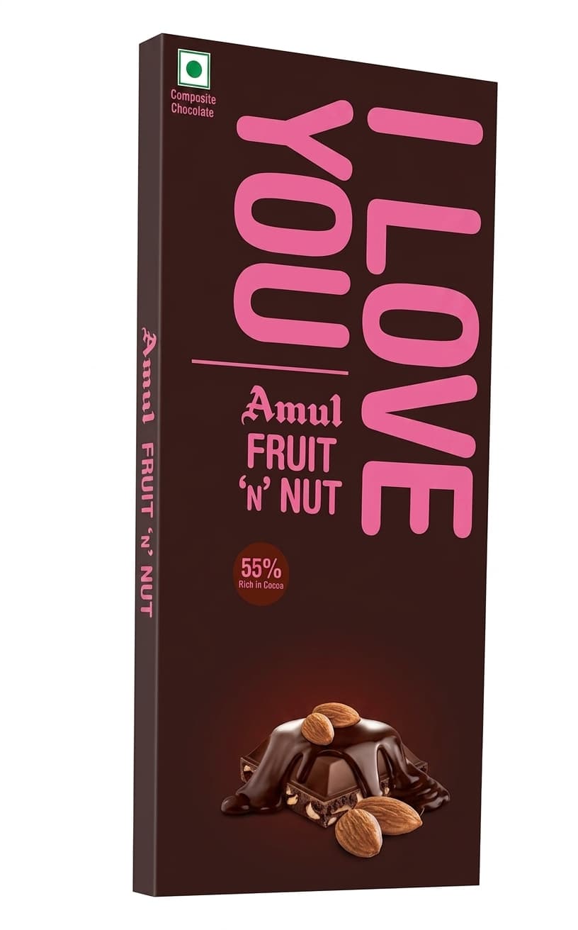 Fruit 'n' Nut 55% 55% dark bar packaging by Amul