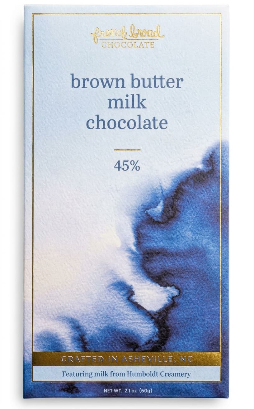 Brown Butter 45% 45% milk bar packaging by French Broad Chocolate