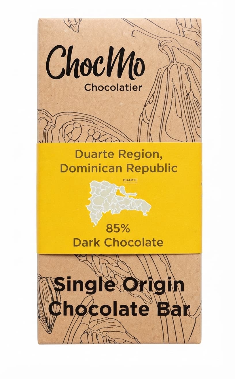 Duarte Dominican Republic 85% 85% dark bar packaging by ChocMo Chocolatier