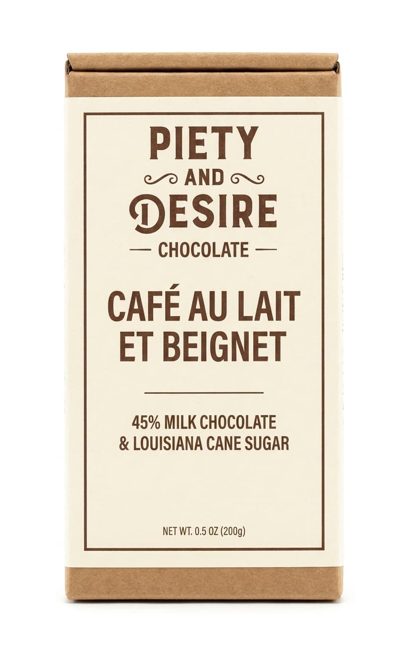 Café au Lait et Beignet 45% milk bar packaging by Piety and Desire Chocolate