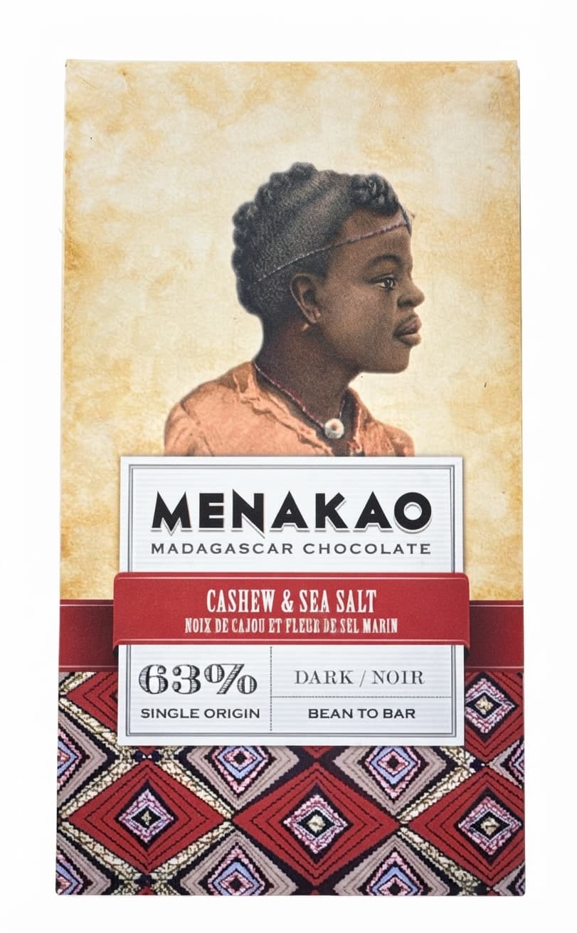 Cashew & Sea Salt 63% 63% dark bar packaging by Menakao