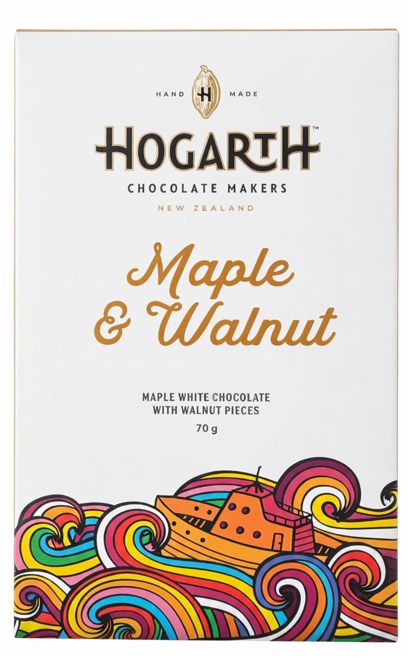 Maple & Walnut 34% white bar packaging by Hogarth