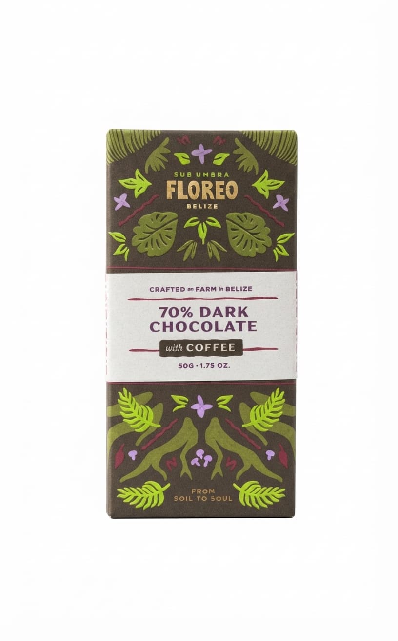 Coffee 70% 70% dark bar packaging by Floreo Belize