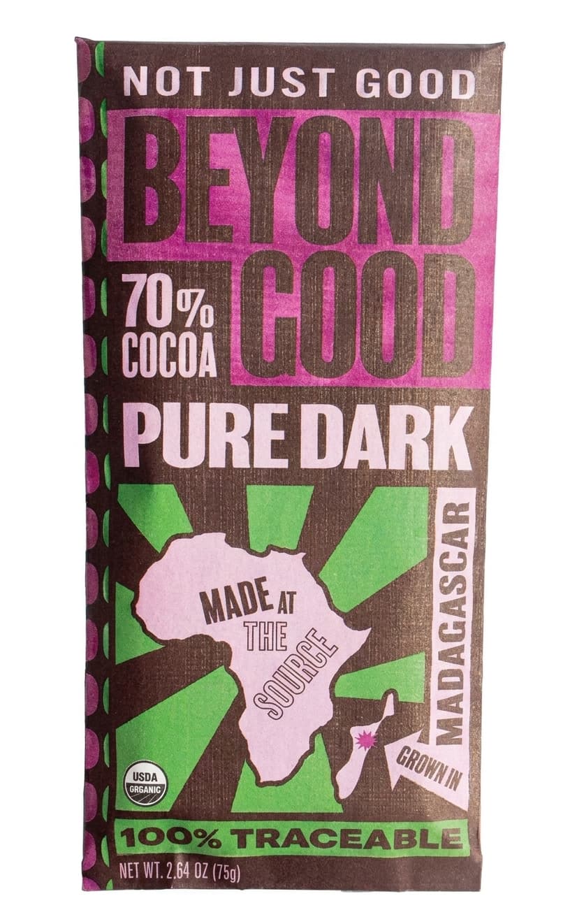 Pure Dark 70% Cocoa 70% dark bar packaging by Beyond Good
