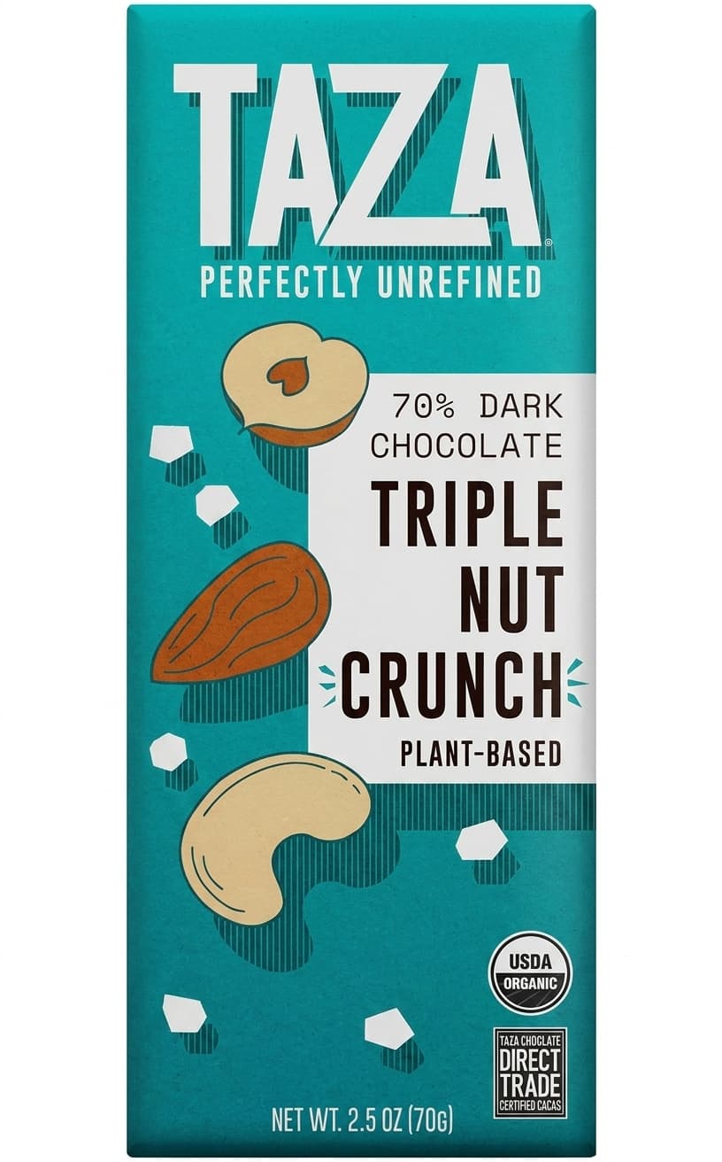 Triple Nut Crunch 70% 70% dark bar packaging by Taza
