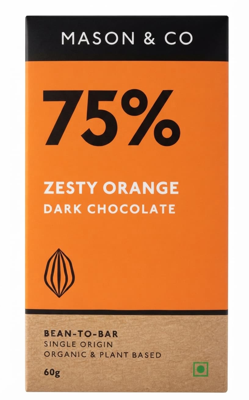 Zesty Orange 75% 75% dark bar packaging by Mason & Co