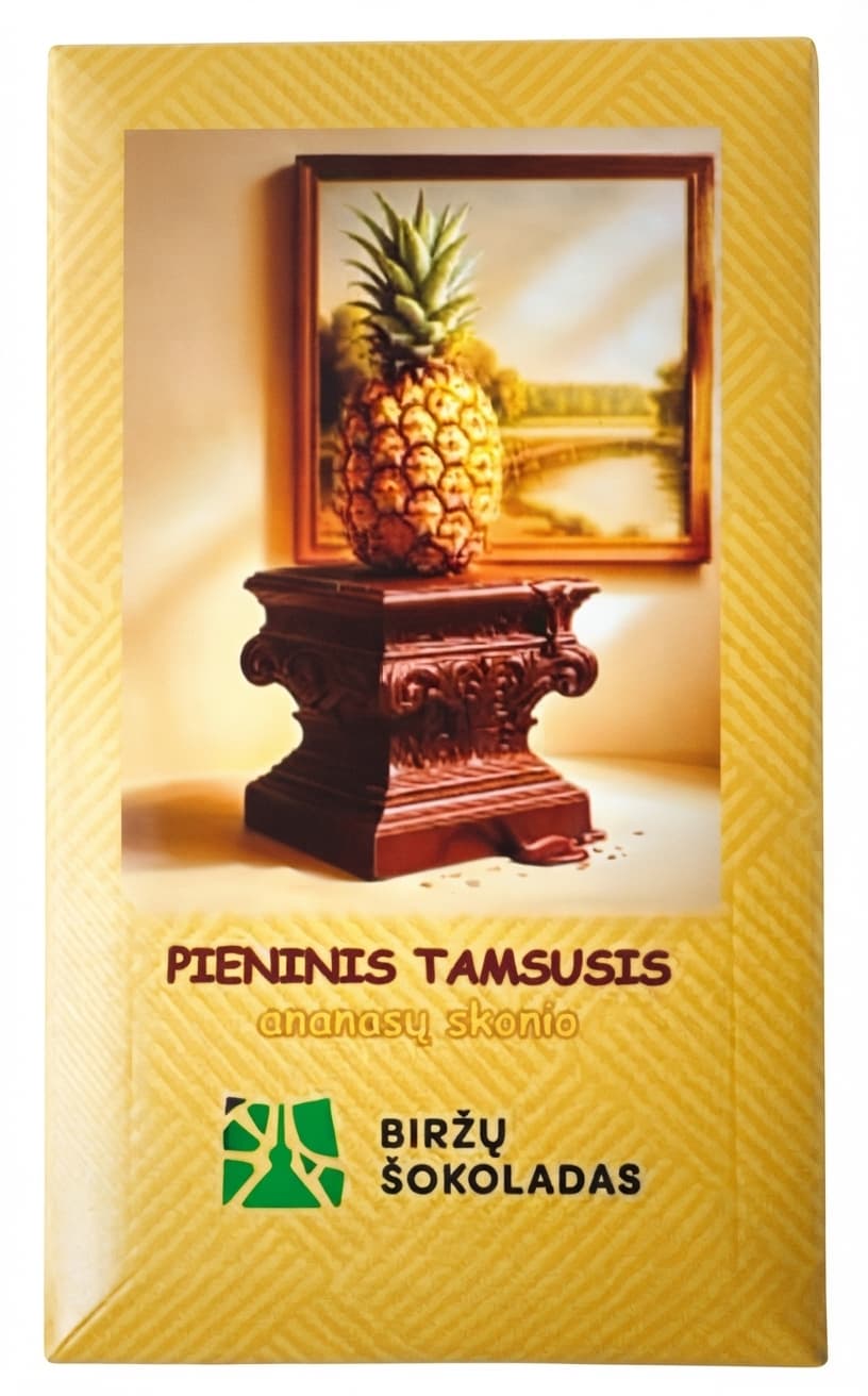 Pieninis Tamsusis Ananasų milk bar packaging by Biržų Šokoladas