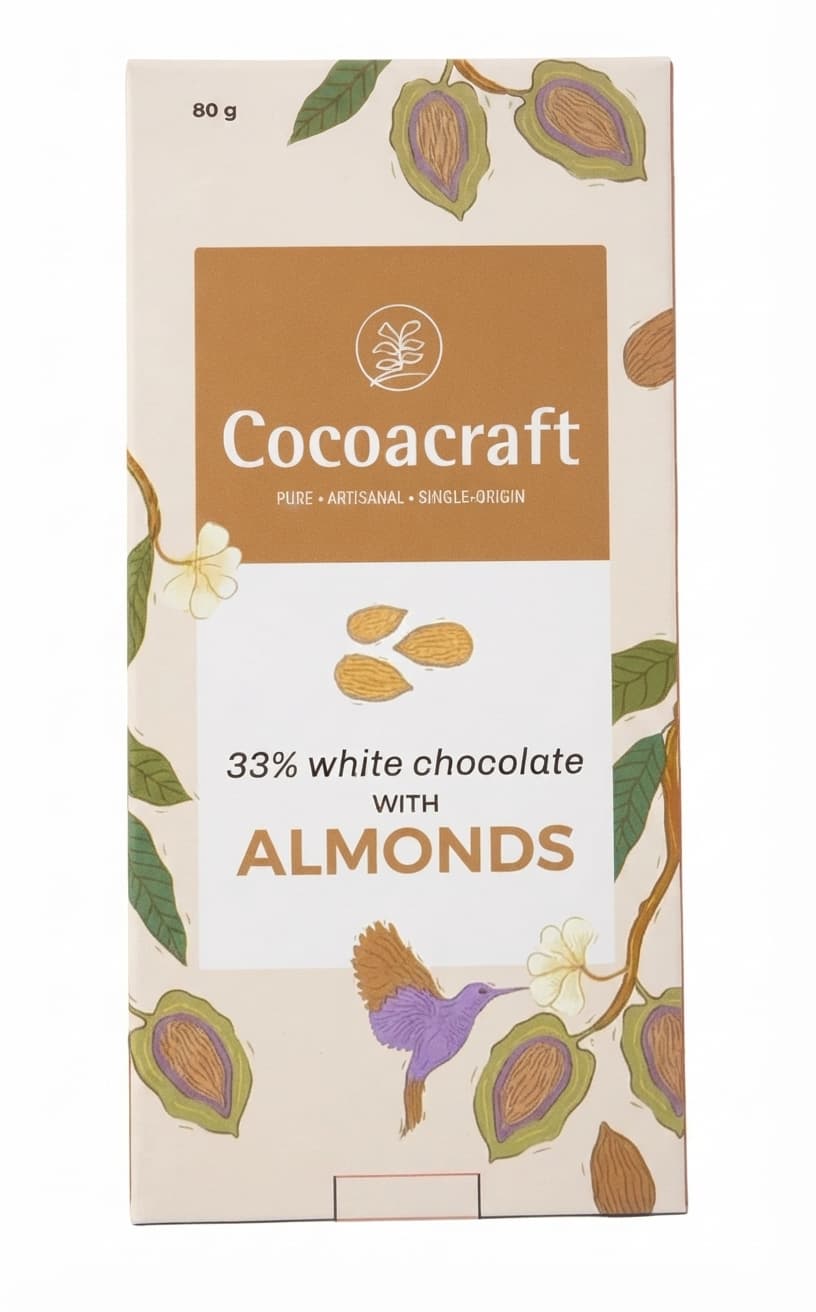 Almonds 33% white bar packaging by Cocoacraft
