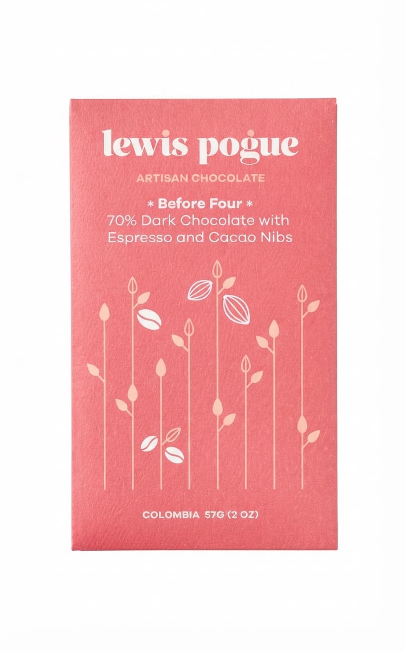 Before Four Espresso & Cacao Nibs 70% 70% dark bar packaging by Lewis Pogue Artisan Chocolate