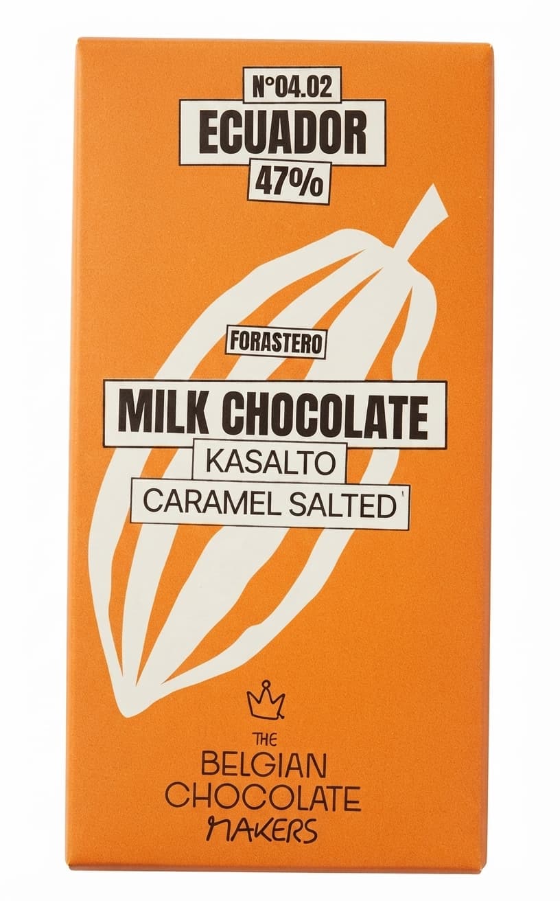 Kasalto Caramel Salted 47% 47% milk bar packaging by The Belgian Chocolate Makers