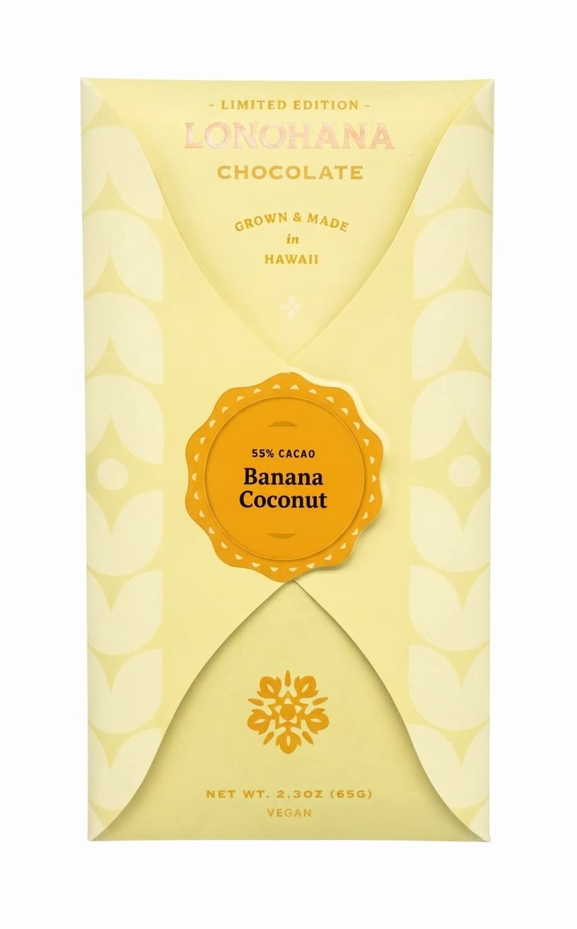 Banana Coconut 55% 55% milk bar packaging by Lonohana Estate Chocolate