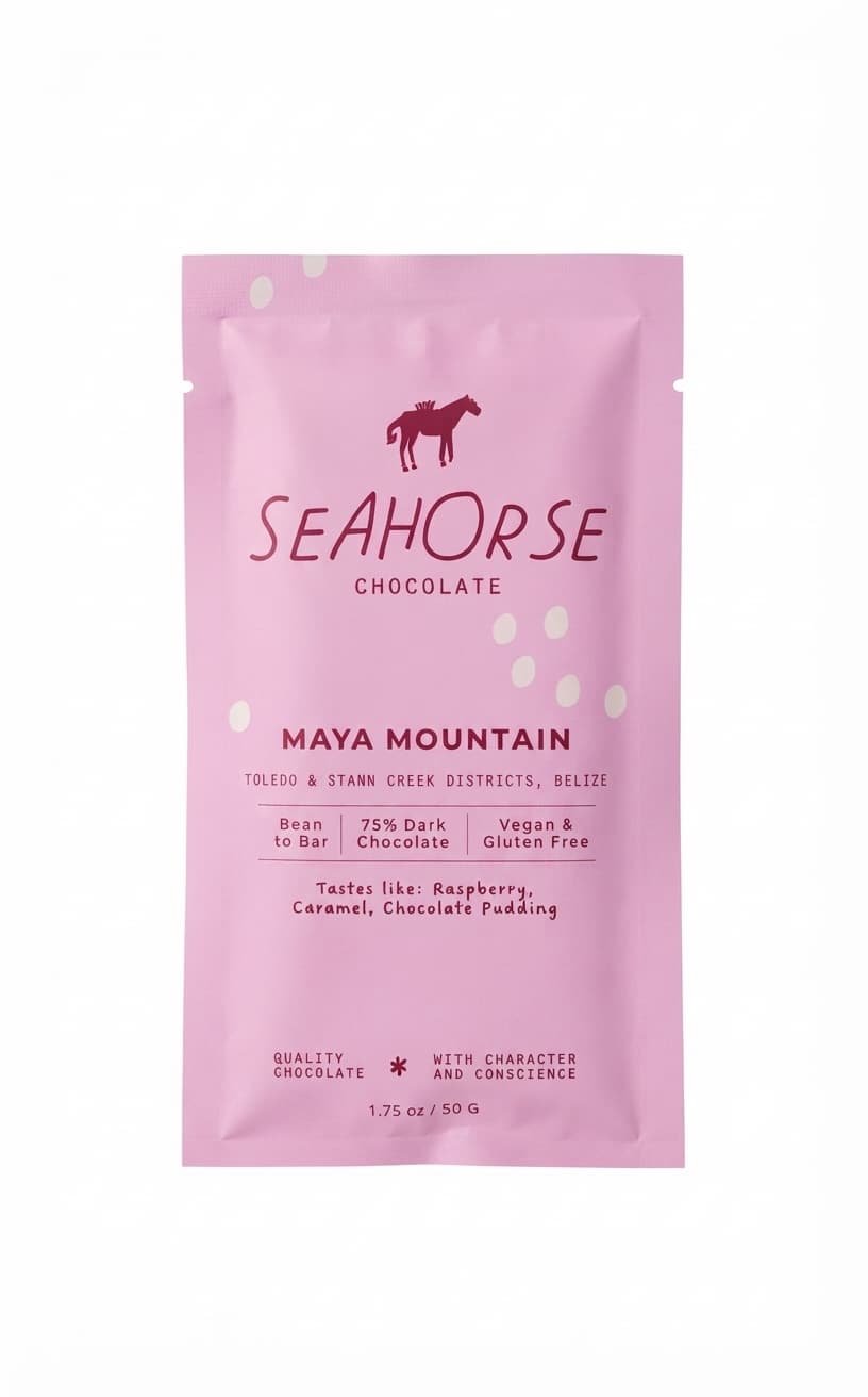 Maya Mountain 75% 75% dark bar packaging by Seahorse Chocolate