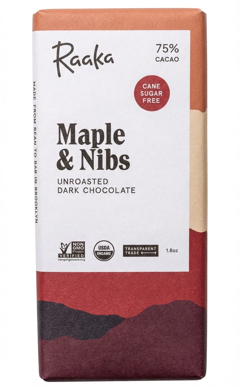 Maple & Nibs 75% dark bar packaging by Raaka