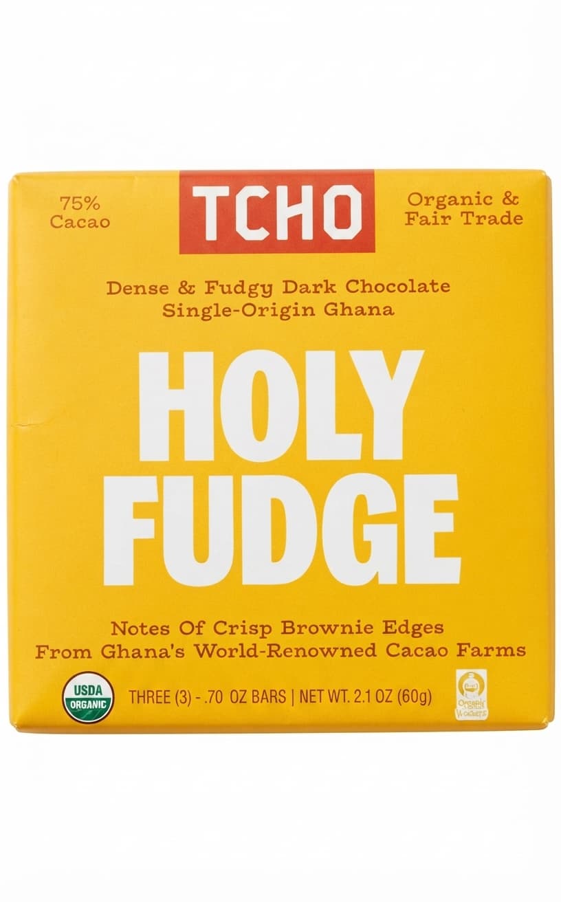 Holy Fudge 75% 75% dark bar packaging by TCHO