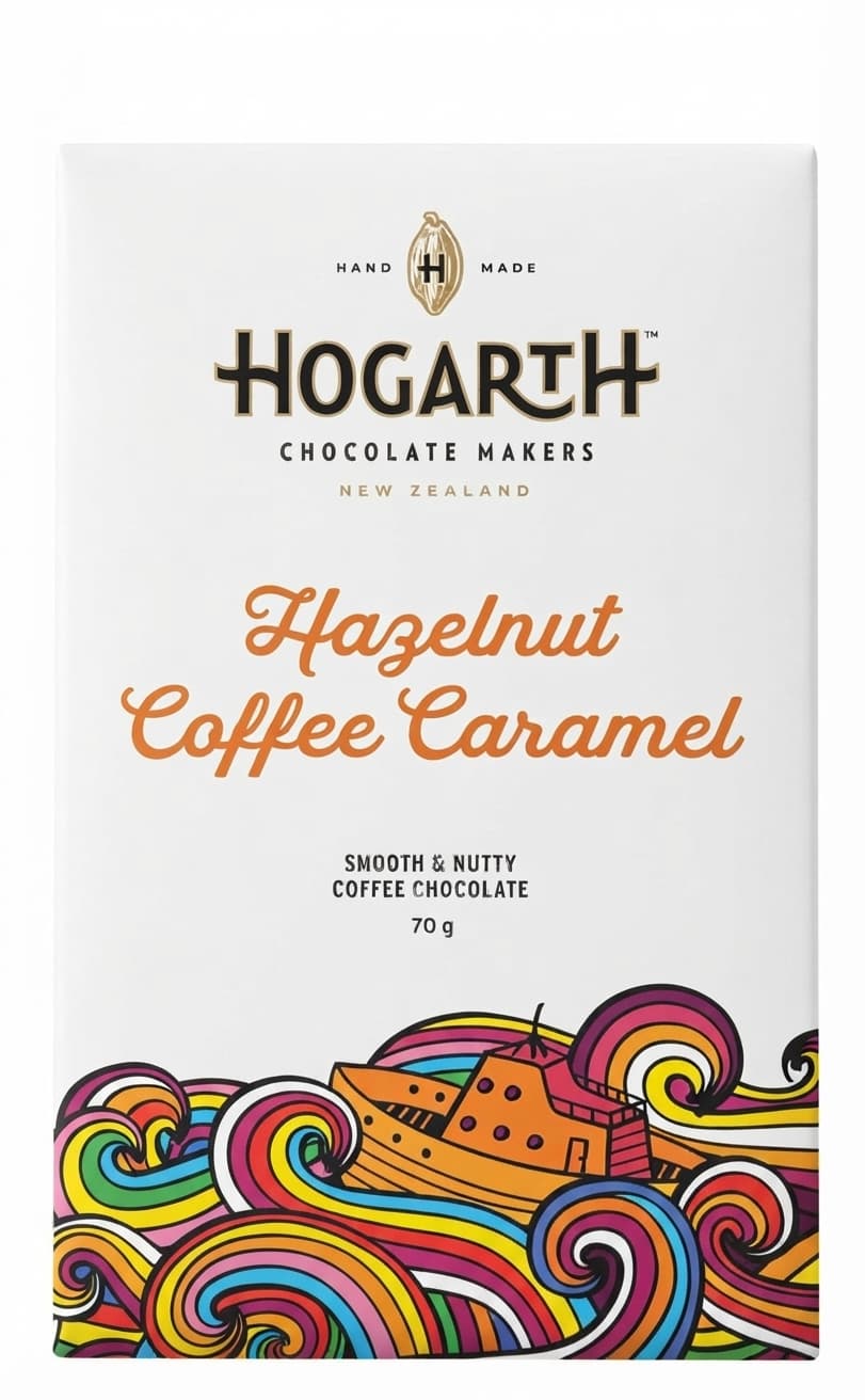 Hazelnut Coffee Caramel 33% dark bar packaging by Hogarth