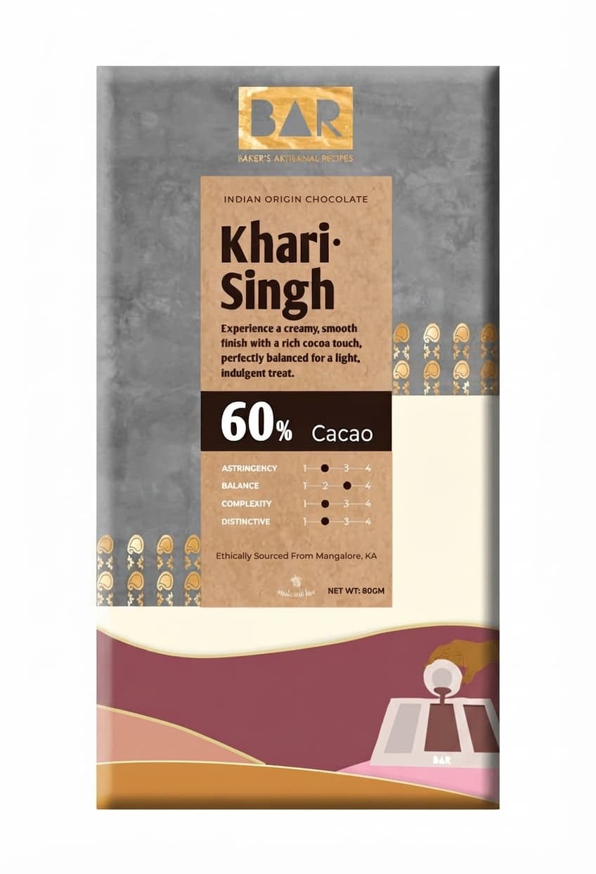 Khari Singh 60% dark bar packaging by BAR Baker's Artisanal Recipes