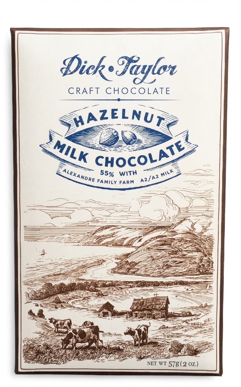 Hazelnut Milk Chocolate 55% milk bar packaging by Dick Taylor
