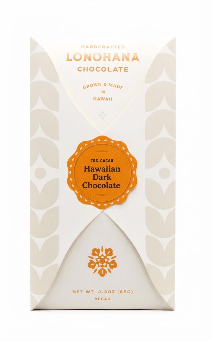 Hawaiian Dark 70% 70% dark bar packaging by Lonohana Estate Chocolate