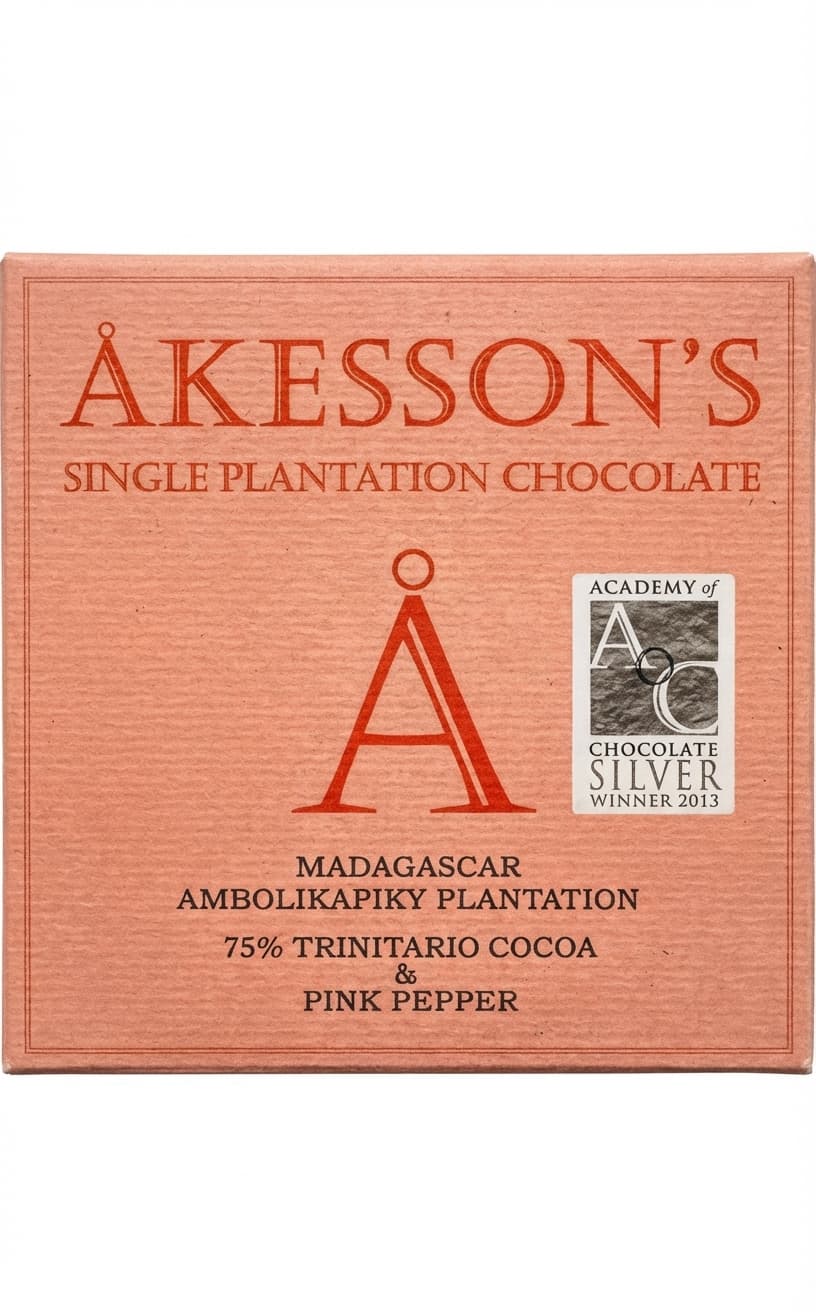 Trinitario Cocoa & Pink Pepper 75% 75% dark bar packaging by Åkesson's