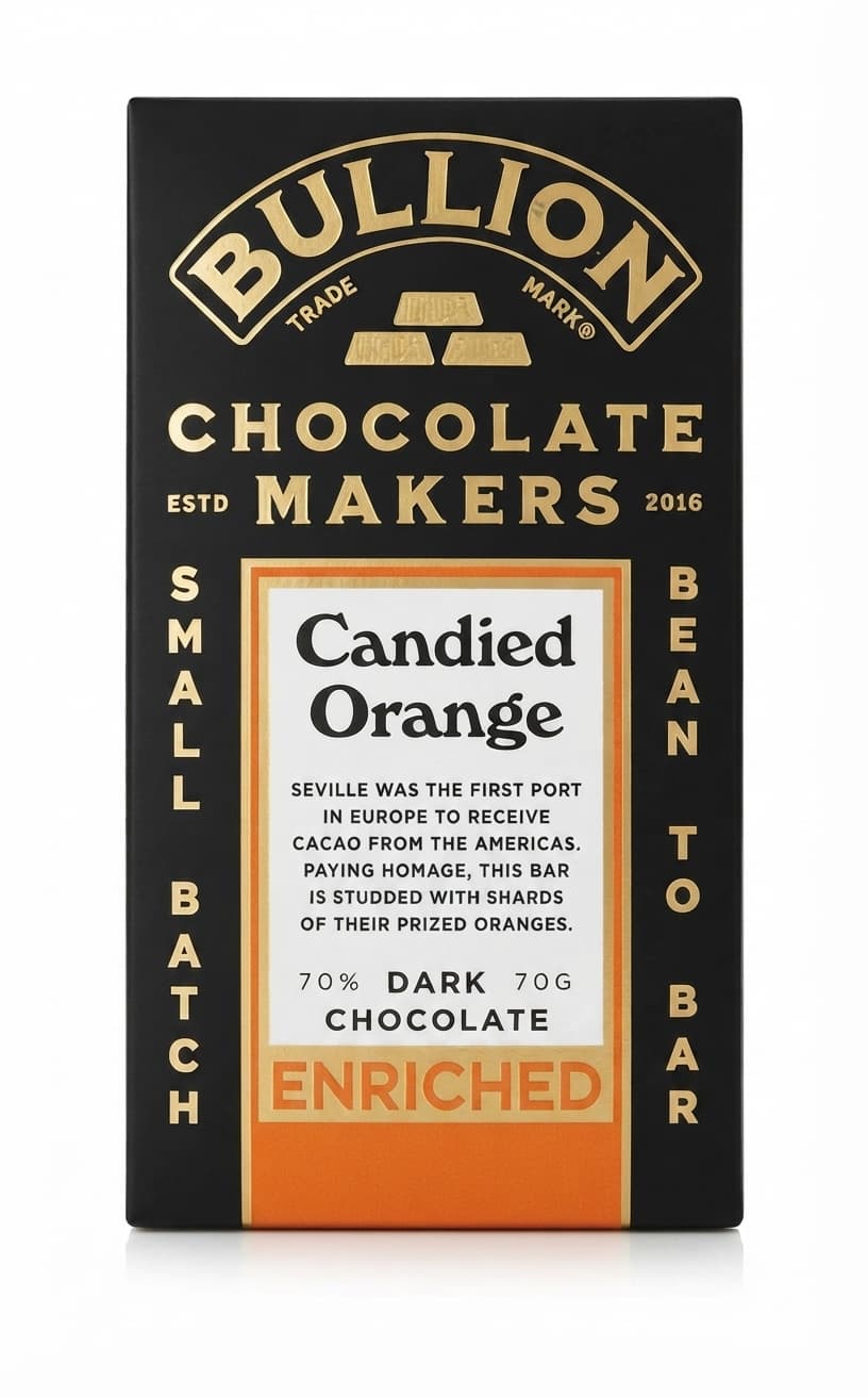 Candied Orange 70% 70% dark bar packaging by Bullion