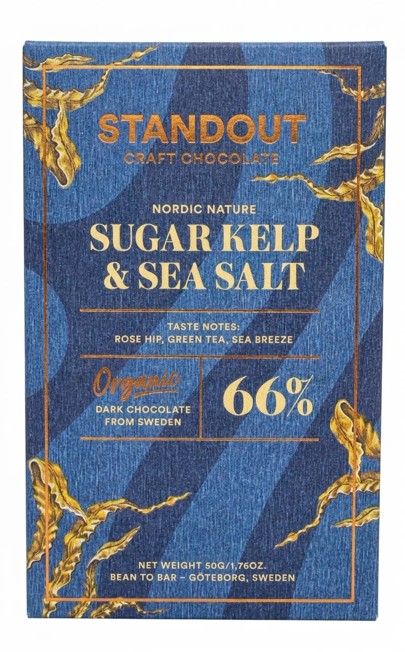 Sugar Kelp & Sea Salt 66% 66% dark bar packaging by Standout Chocolate
