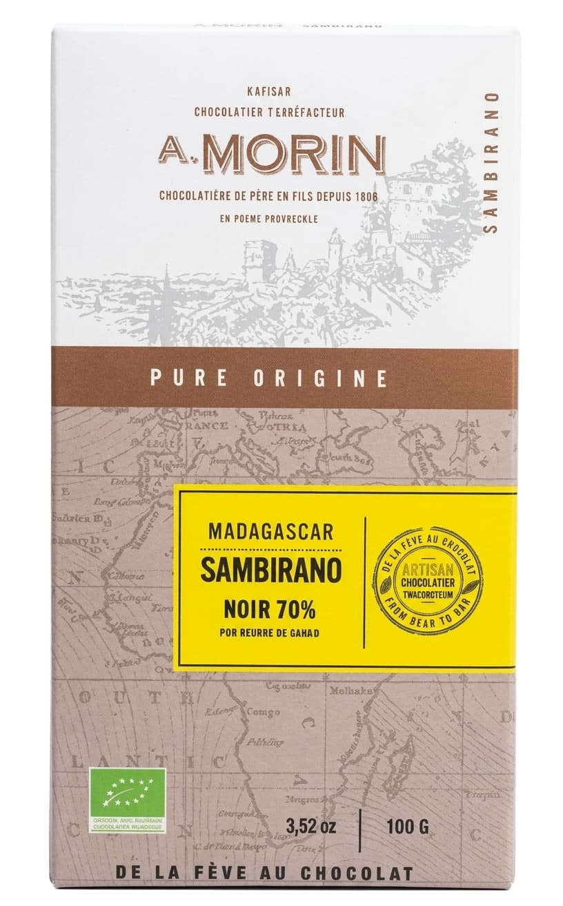 Sambirano Noir 70% 70% dark bar packaging by Chocolaterie Morin
