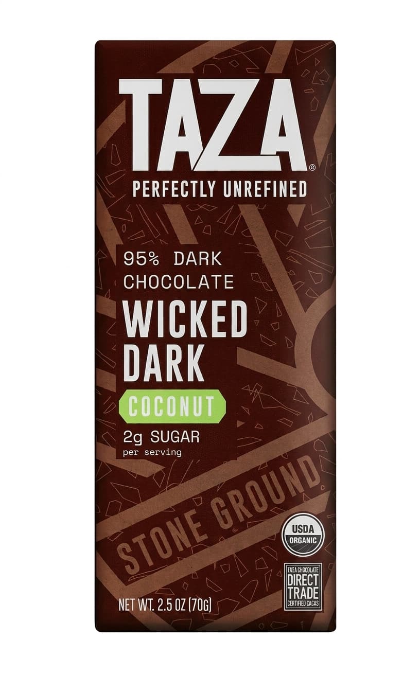 Wicked Dark Coconut 95% 95% dark bar packaging by Taza