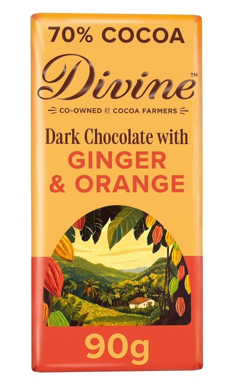 Ginger & Orange 70% 70% dark bar packaging by Divine