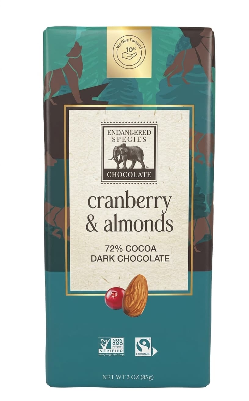 cranberry & almonds 72% cocoa dark chocolate 72% dark bar packaging by Endangered Species Chocolate